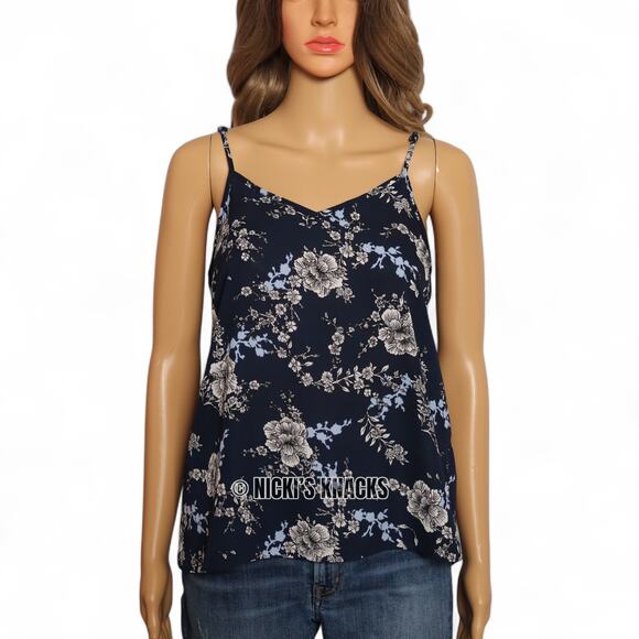 Primark Floral Chiffon Spaghetti Strap V-Neck Tank Top Navy Blue Size 4 - Picture 2 of 8